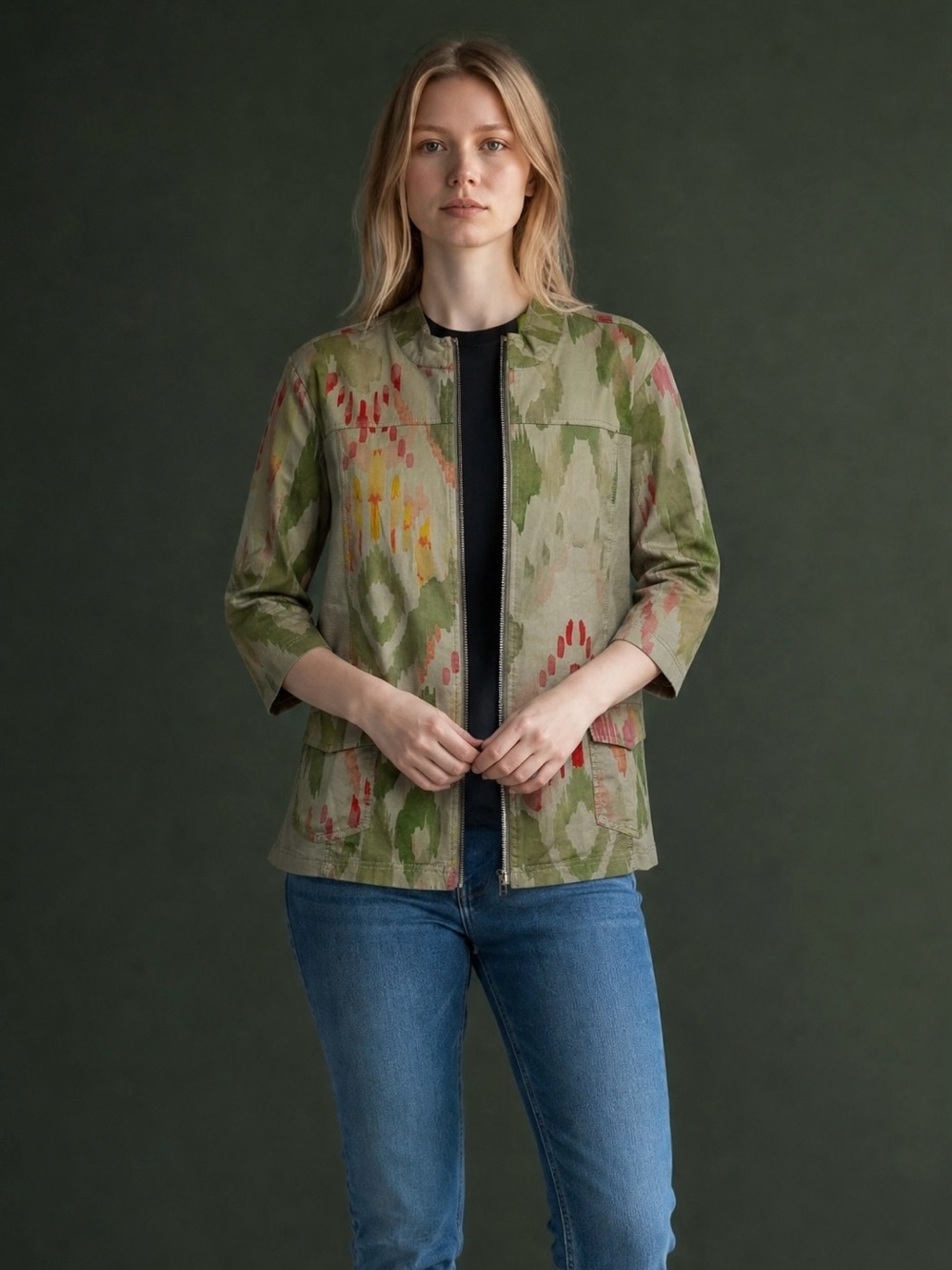 Chico's Zenergy Ikat Utility Camo 3/4 Sleeves Jacket Size 3 US XL